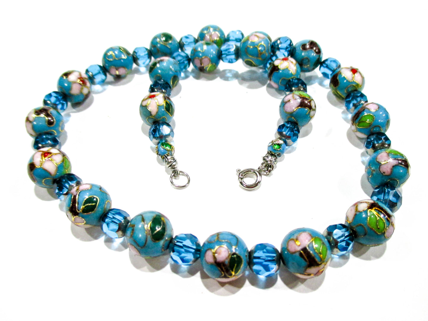 Vintage Baby Blue Enameled Glass and Faceted Bead Necklace 19" w/ Clasp