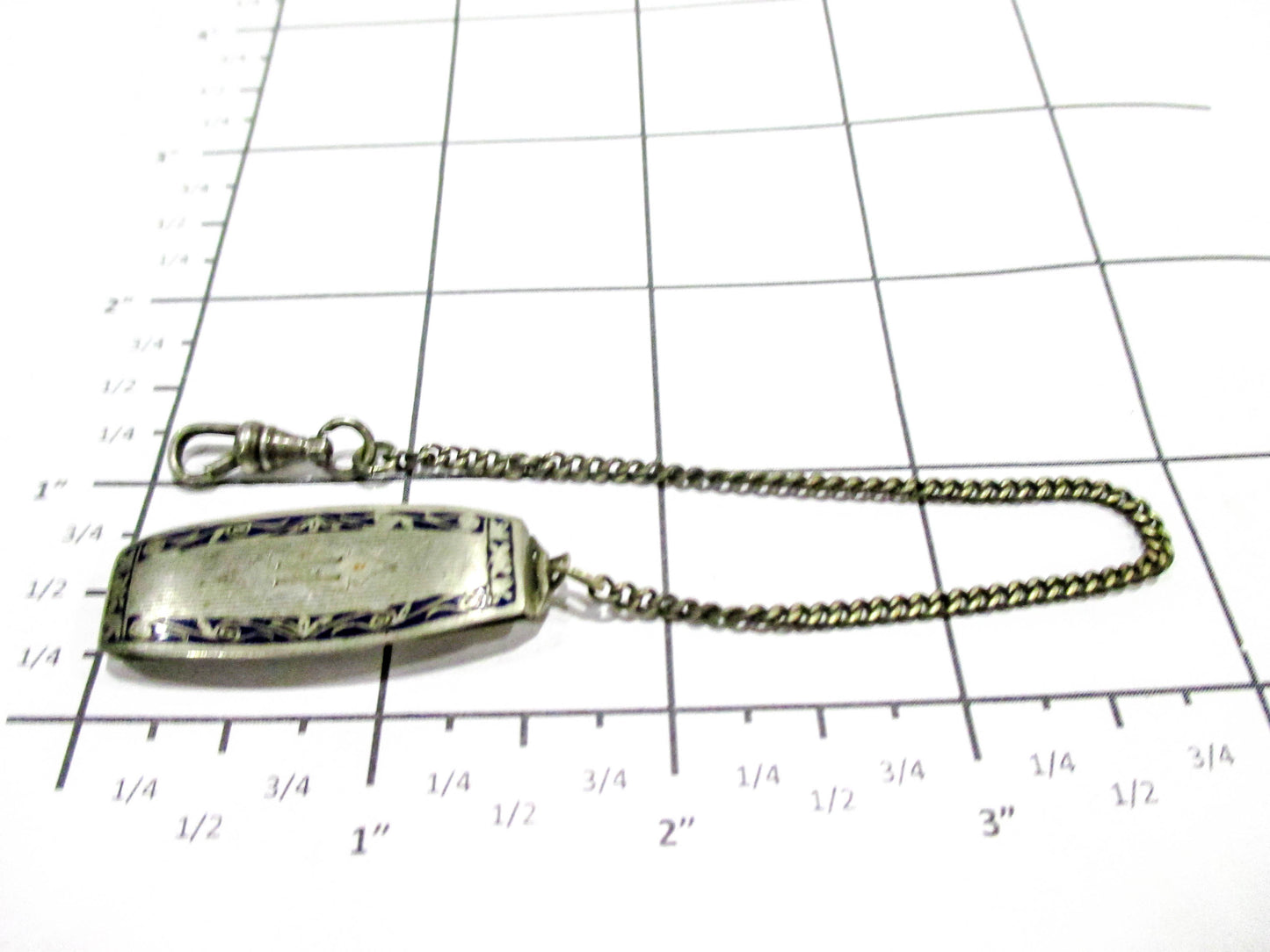 Art Deco Belt Loop Watch Chain - Enamel Inlay - Engraved Initial M