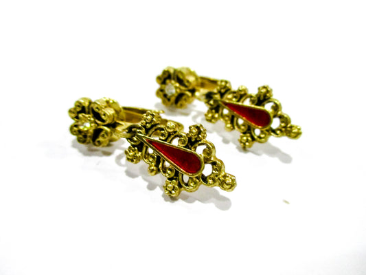 Vintage Gold Tone Dangle Drop Earrings - Beautiful Red Enamel Inlay