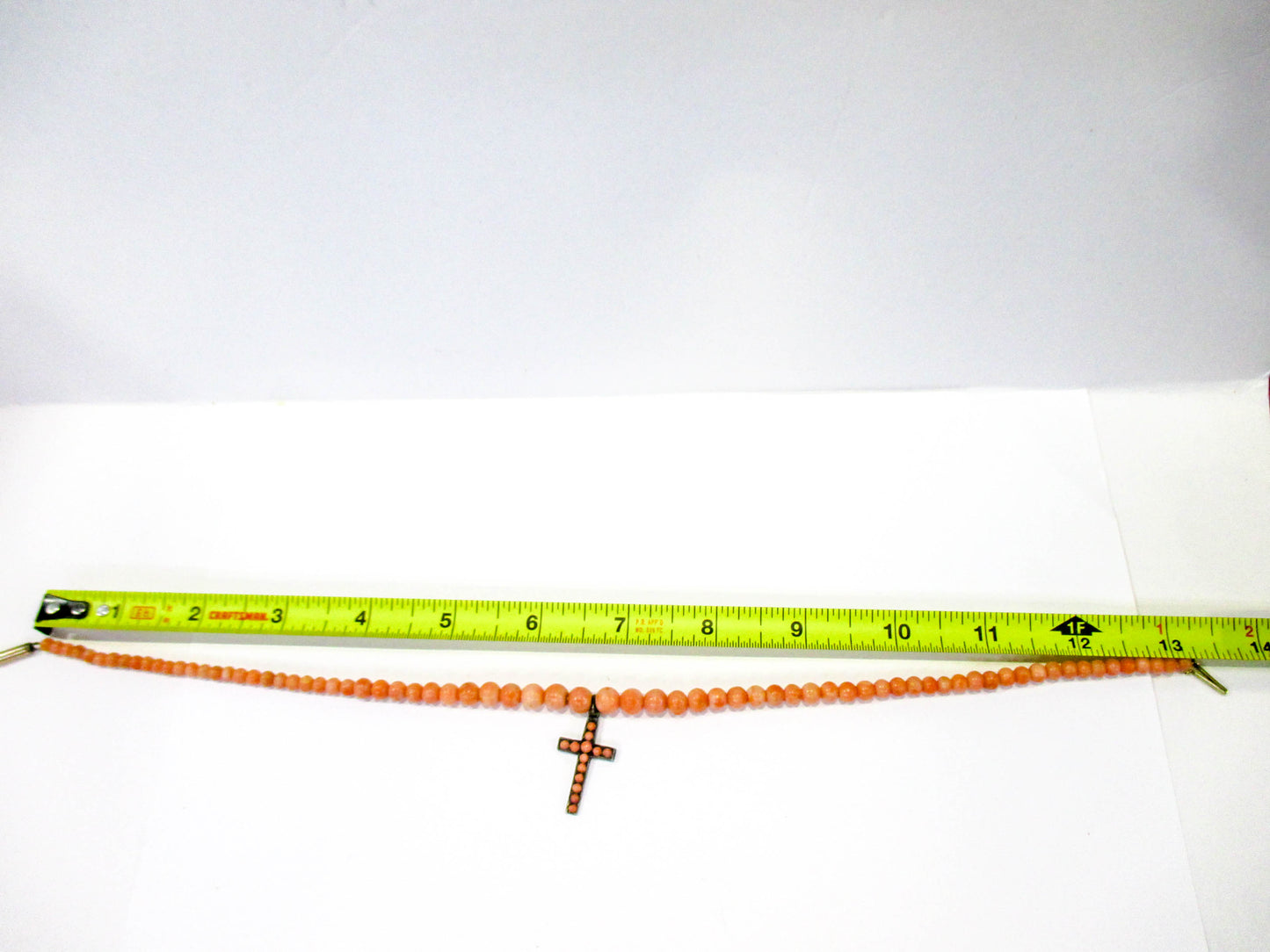 Antique Coral Bead Choker Necklace - Silver Cross - 10K Gold Locking Clasp