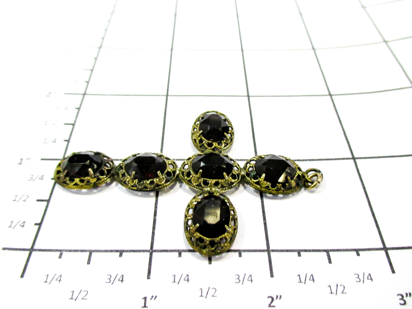 Old Garnet Red Rhinestone Filigree Cross Pendant