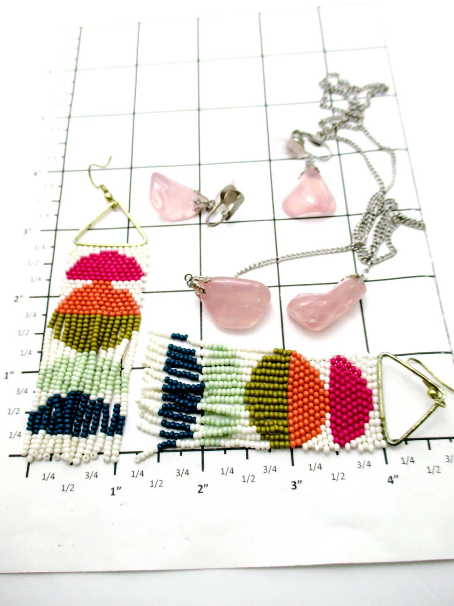 Rose Quartz Lariat Necklace and Earring Set with Beaded Earrings