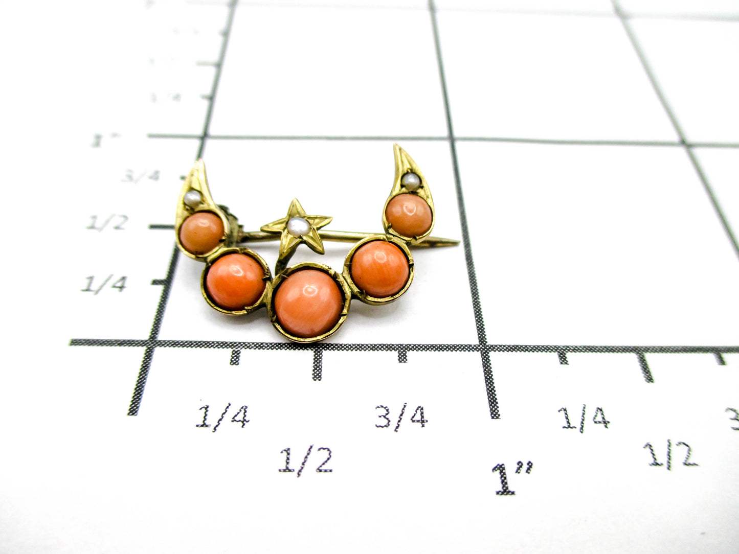 Antique Crescent Moon and Star - Coral and Seed Pearls