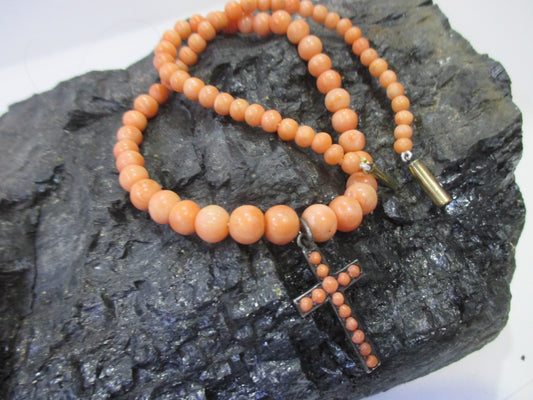 Antique Coral Bead Choker Necklace - Silver Cross - 10K Gold Locking Clasp