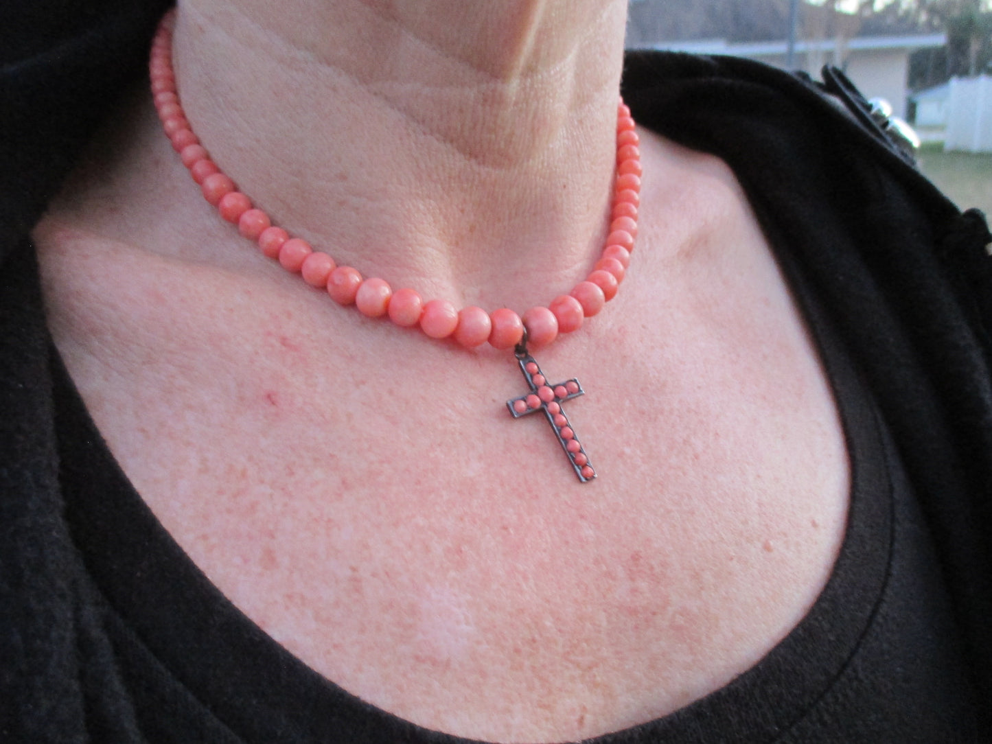Antique Coral Bead Choker Necklace - Silver Cross - 10K Gold Locking Clasp