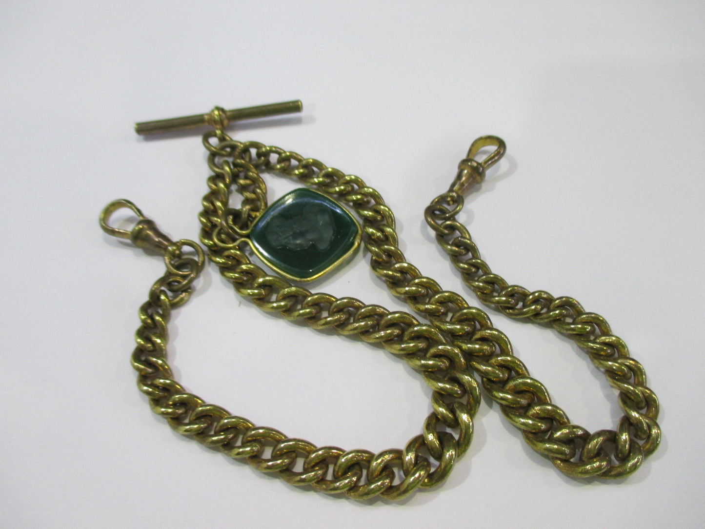 Antique Double Albert Watch Chain - Glass Intaglio Drop