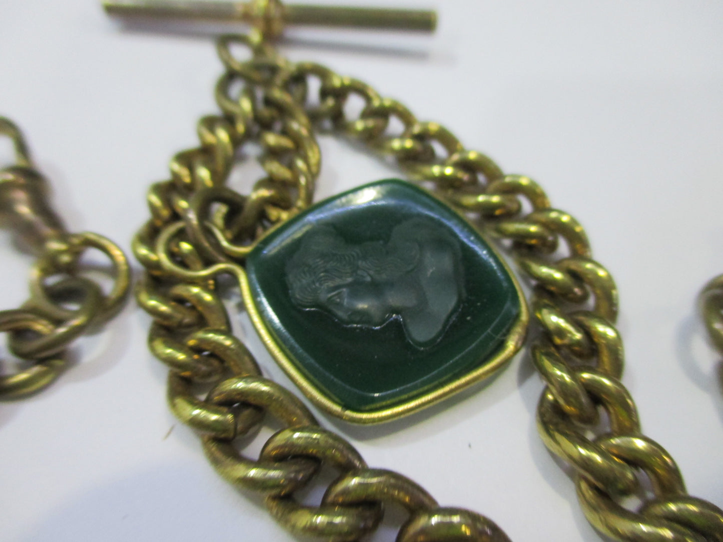 Antique Double Albert Watch Chain - Glass Intaglio Drop