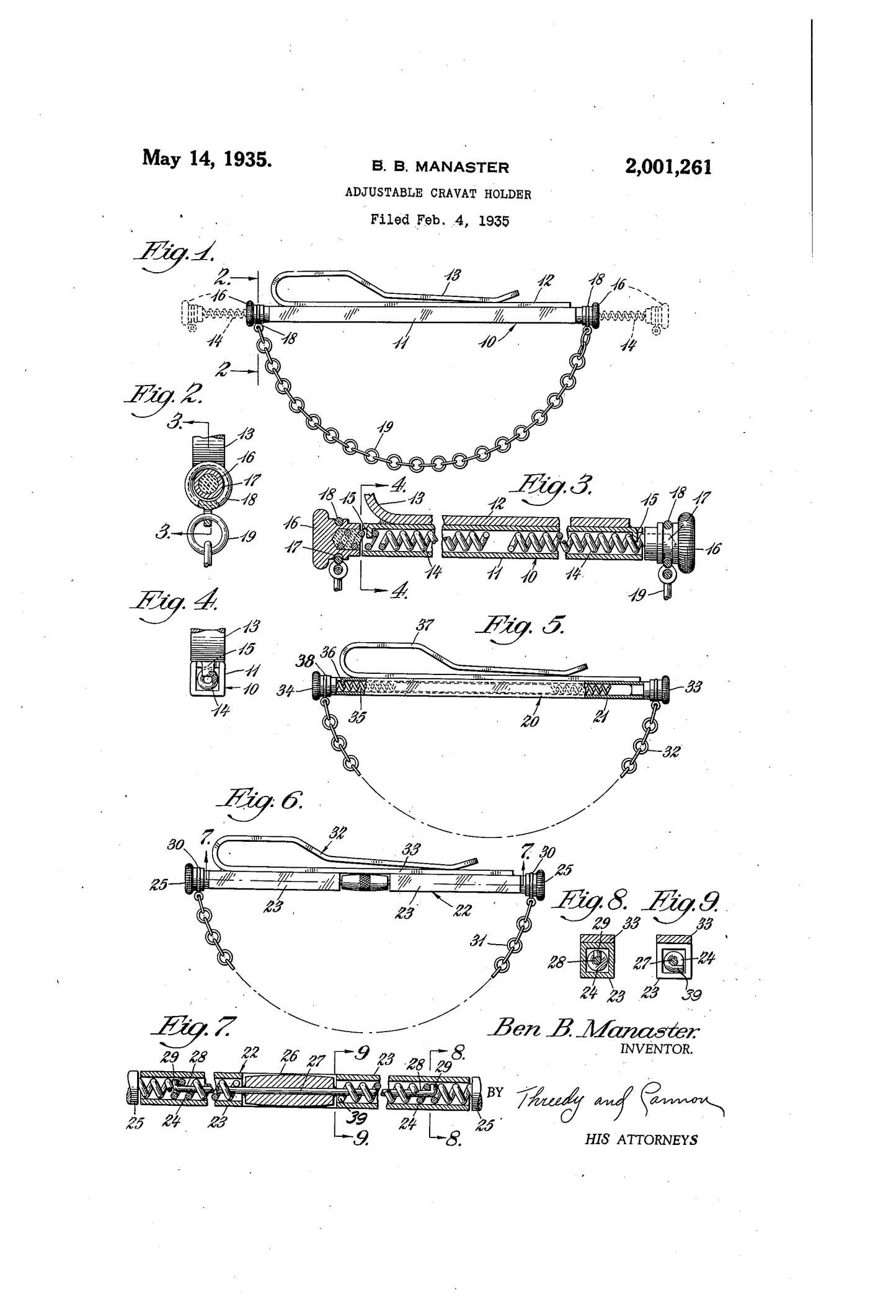 Adjustable Cravat Holder - Patent 1935 - Ben B Manaster
