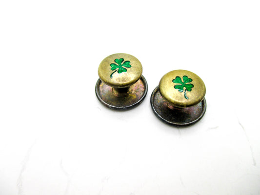 Antique Collar Studs - Enamel 4 Leaf Clover and Sterling Silver
