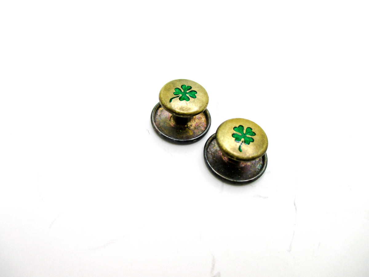 Antique Collar Studs - Enamel 4 Leaf Clover and Sterling Silver