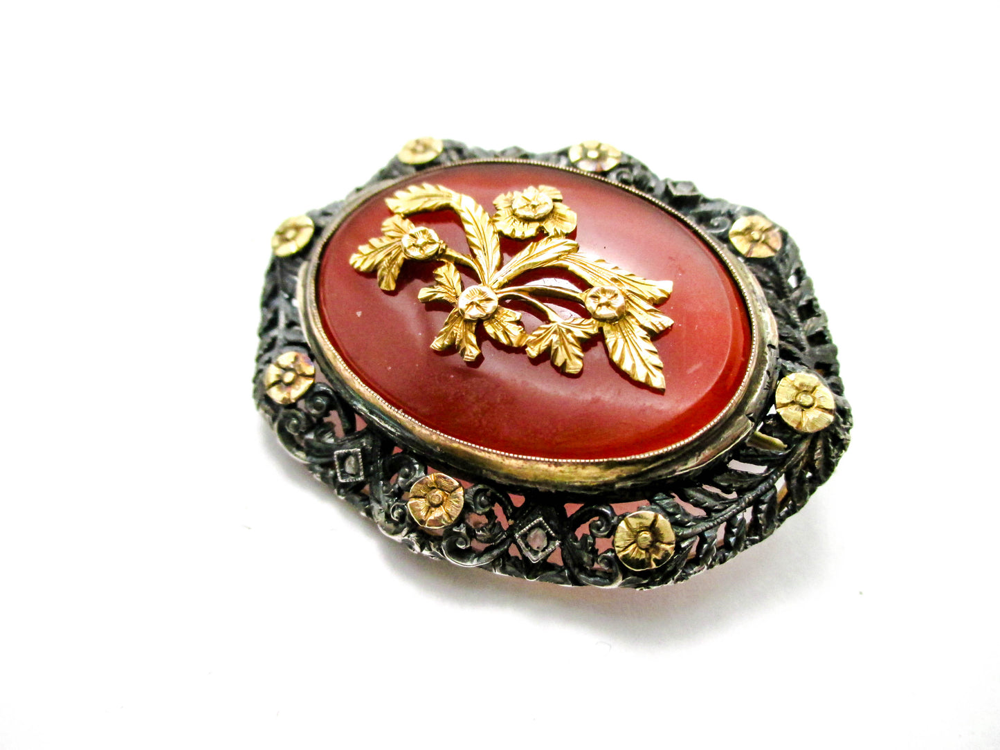 Antique Carnelian Silver Gold and Diamond Brooch Pin