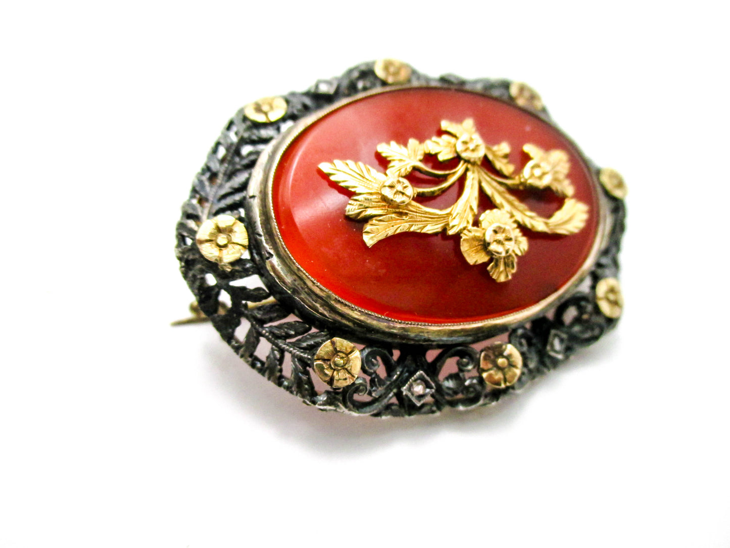 Antique Carnelian Silver Gold and Diamond Brooch Pin