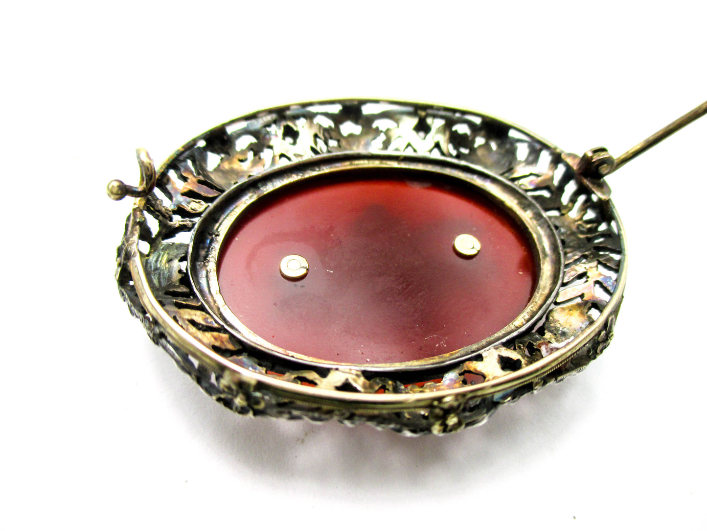 Antique Carnelian Silver Gold and Diamond Brooch Pin