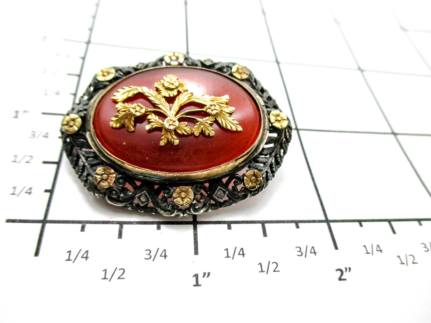 Antique Carnelian Silver Gold and Diamond Brooch Pin