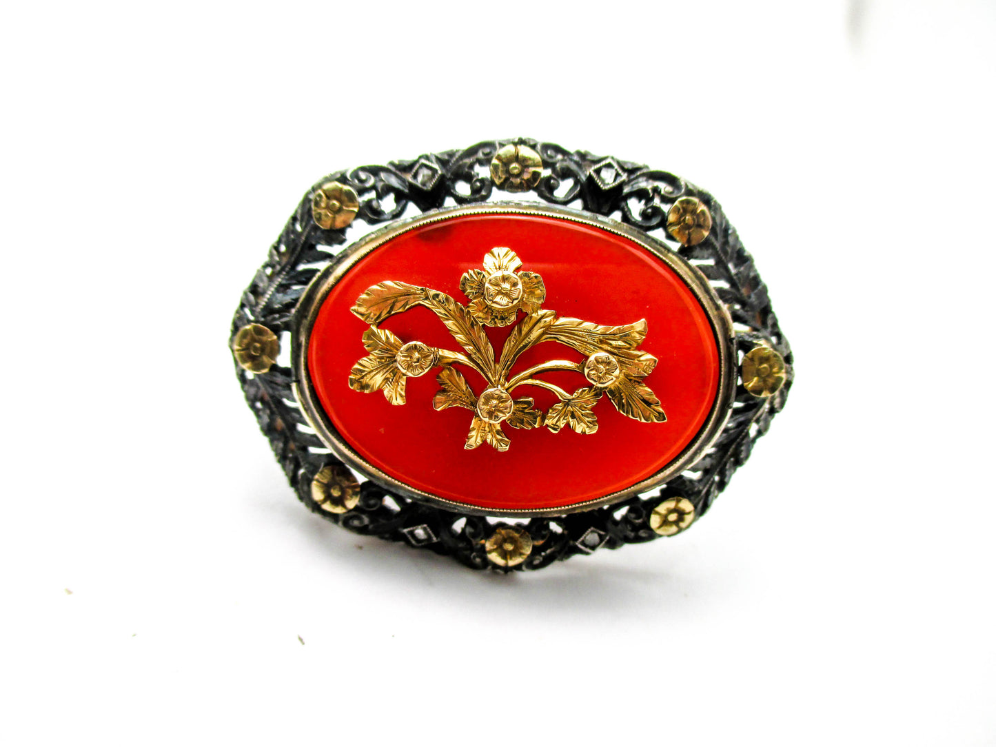 Antique Carnelian Silver Gold and Diamond Brooch Pin