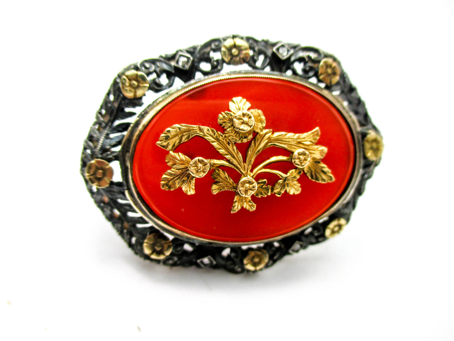 Antique Carnelian Silver Gold and Diamond Brooch Pin