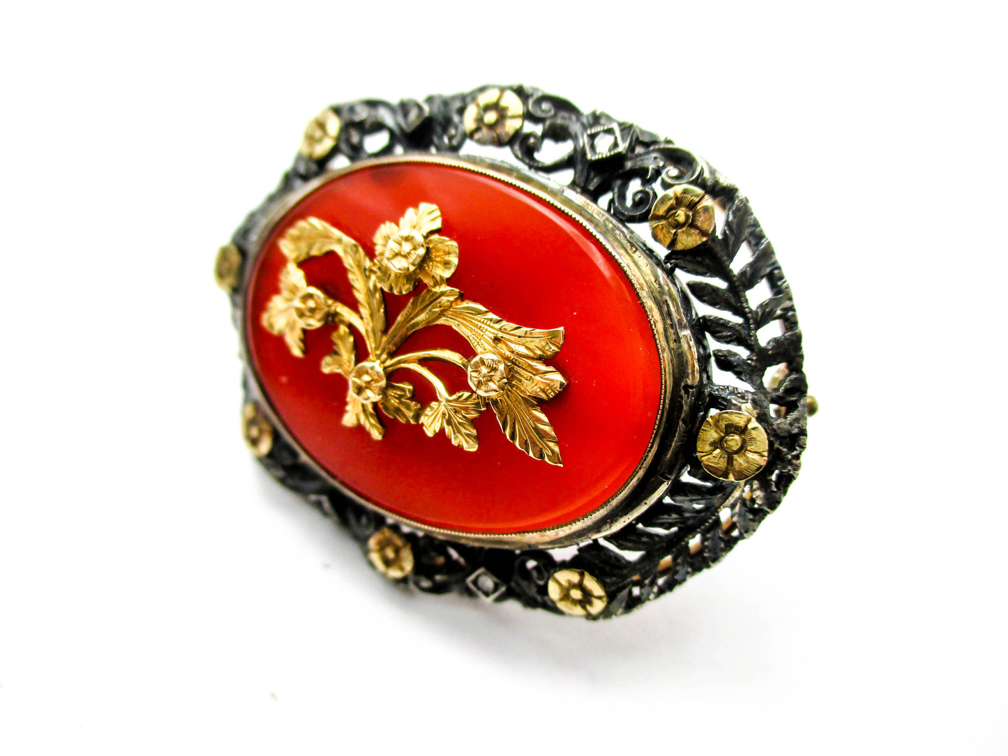 Antique Carnelian Silver Gold and Diamond Brooch Pin