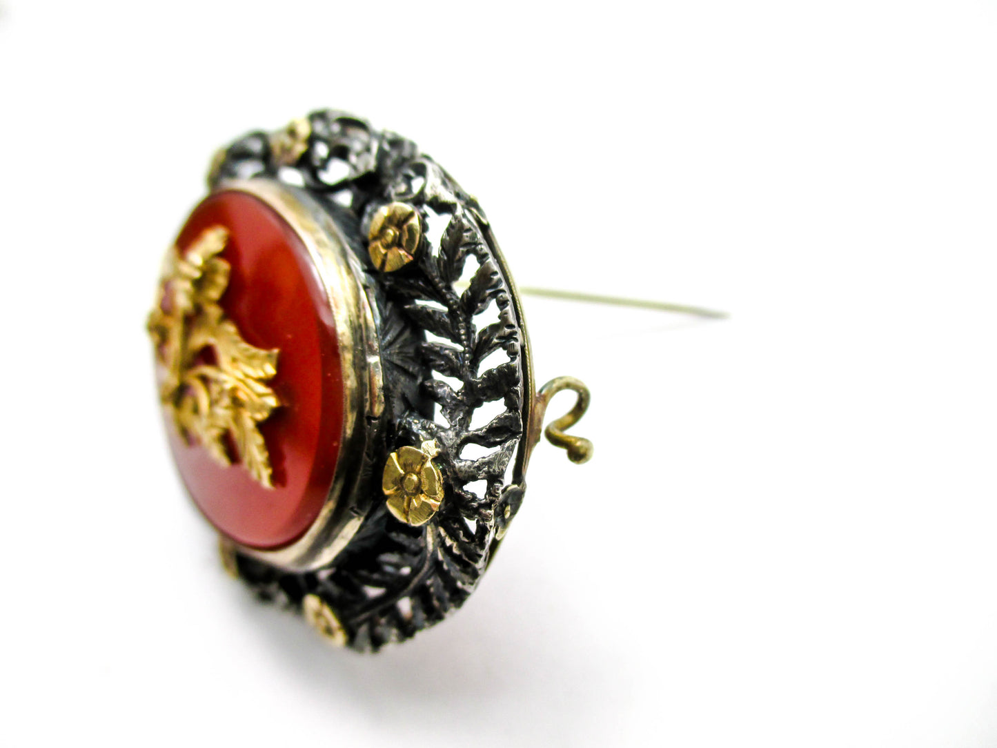 Antique Carnelian Silver Gold and Diamond Brooch Pin
