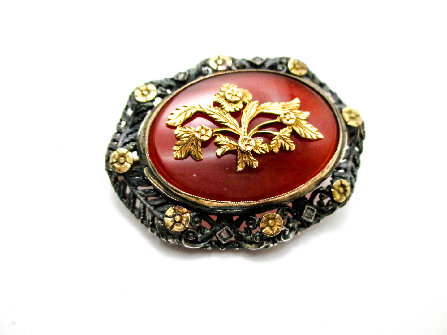 Antique Carnelian Silver Gold and Diamond Brooch Pin