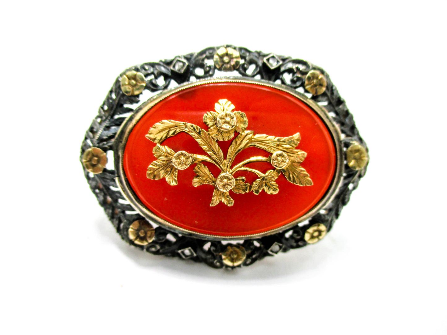 Antique Carnelian Silver Gold and Diamond Brooch Pin