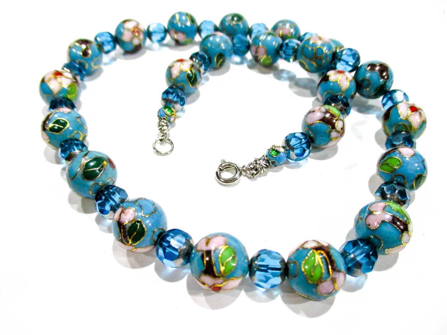 Vintage Baby Blue Enameled Glass and Faceted Bead Necklace 19" w/ Clasp