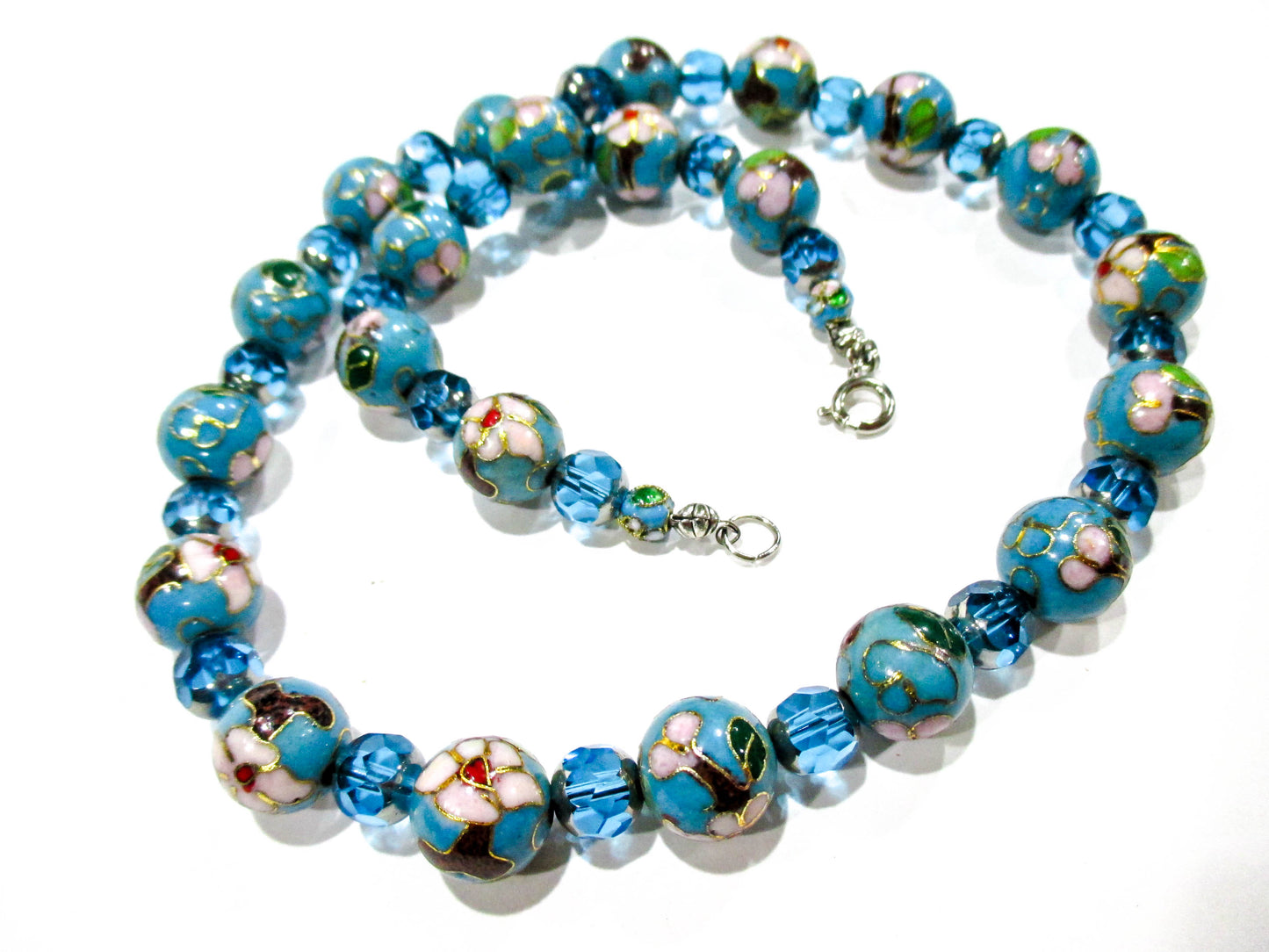 Vintage Baby Blue Enameled Glass and Faceted Bead Necklace 19" w/ Clasp