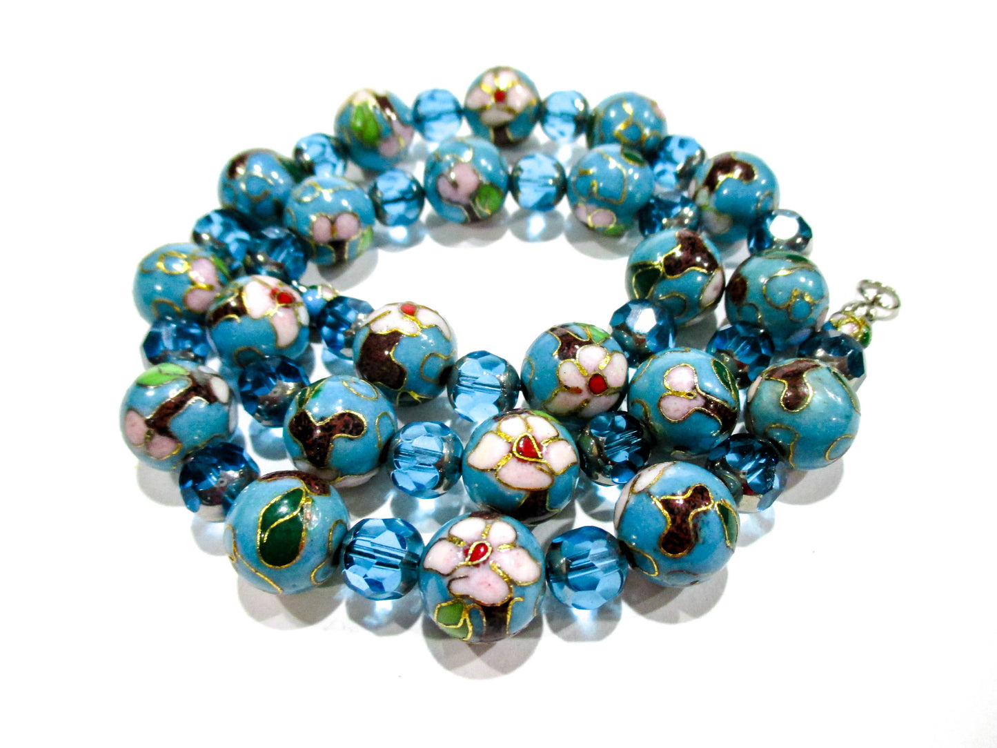 Vintage Baby Blue Enameled Glass and Faceted Bead Necklace 19" w/ Clasp