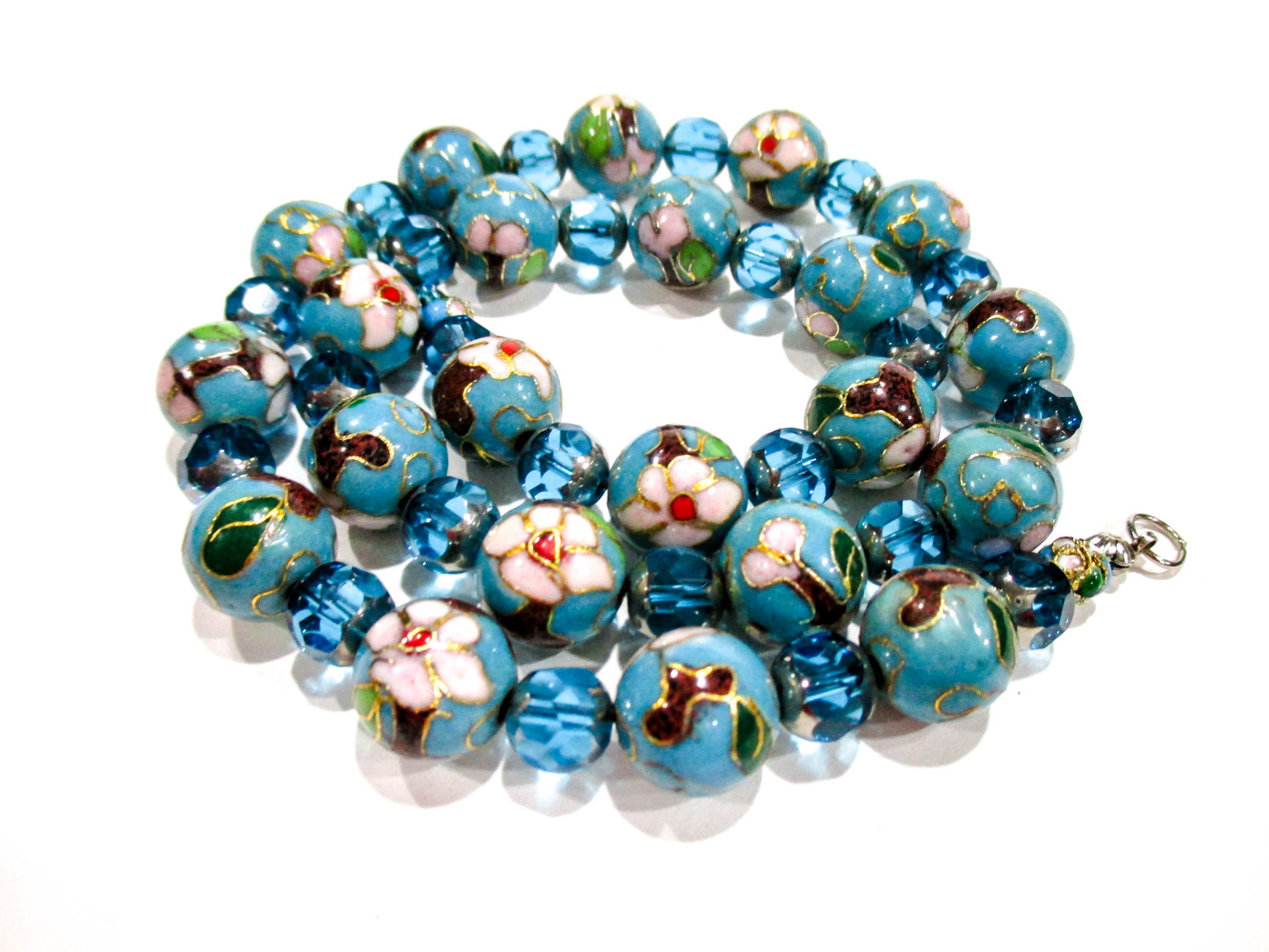 Vintage Baby Blue Enameled Glass and Faceted Bead Necklace 19" w/ Clasp