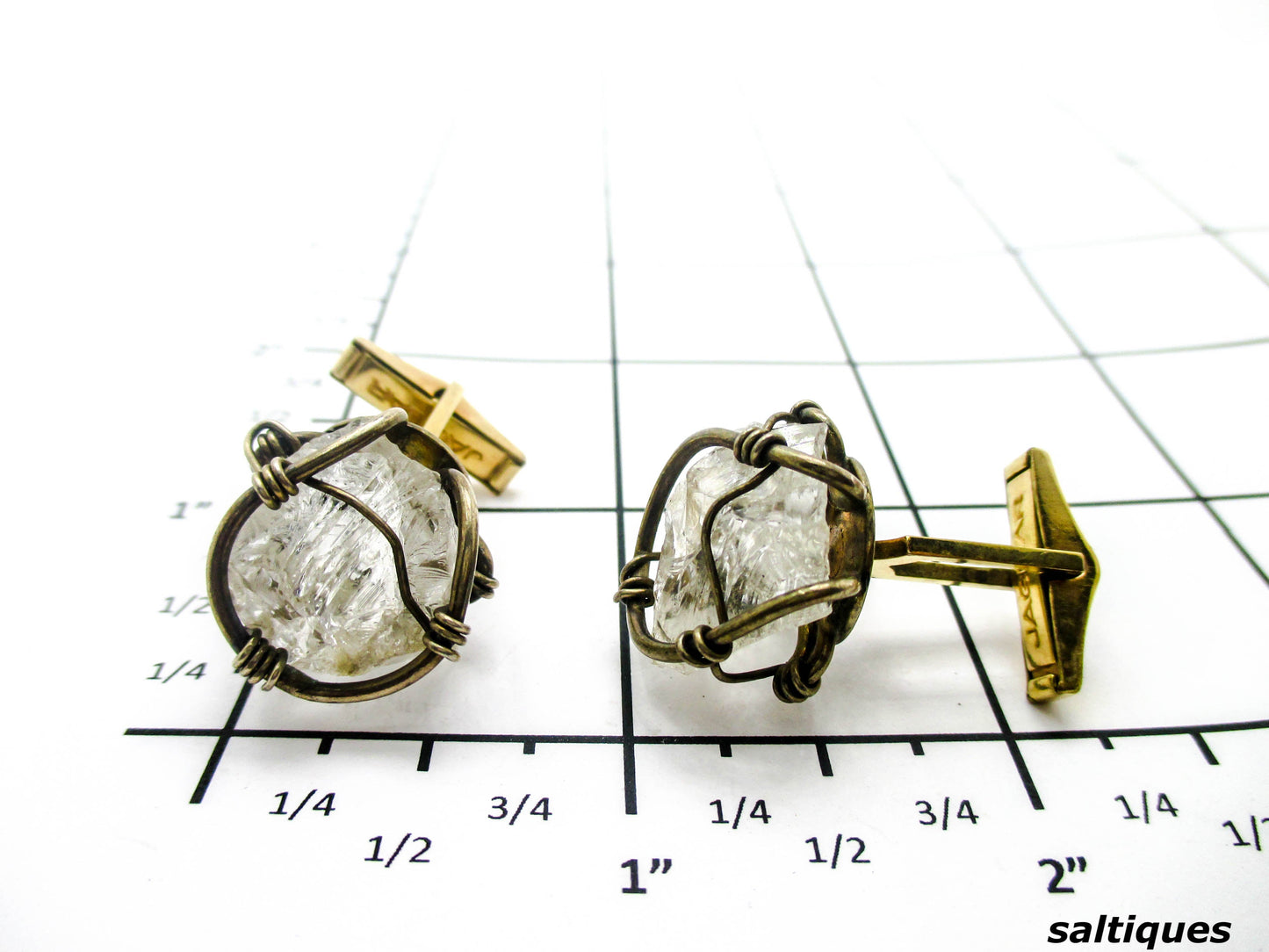 Caged In Silver Rock Quartz Cuff Links, Mid-century Brutalist - saltiques.com