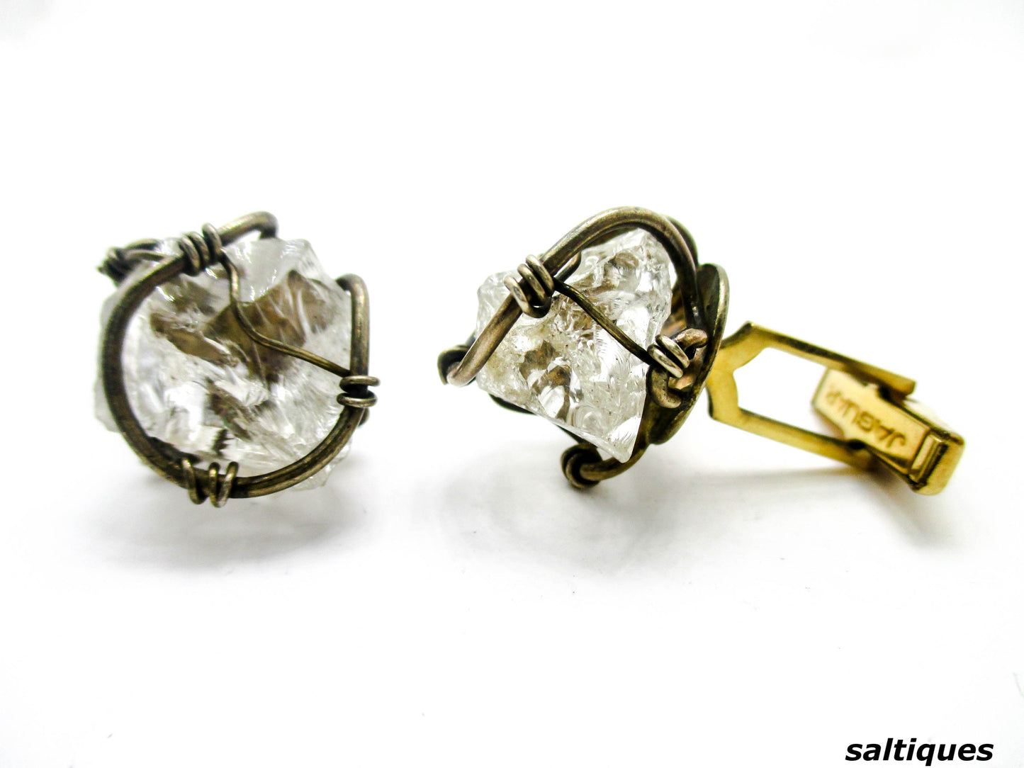 Caged In Silver Rock Quartz Cuff Links, Mid-century Brutalist - saltiques.com
