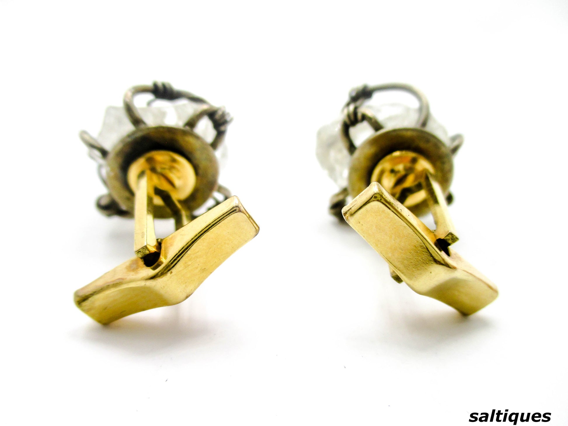 Caged In Silver Rock Quartz Cuff Links, Mid-century Brutalist - saltiques.com