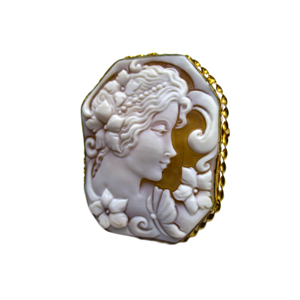 Large Cameo Brooch Pendant - Carved Shell of a Young Lady, Flowers, and Butterfly