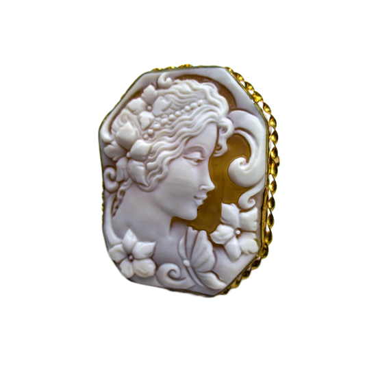 Large Cameo Brooch Pendant - Carved Shell of a Young Lady, Flowers, and Butterfly