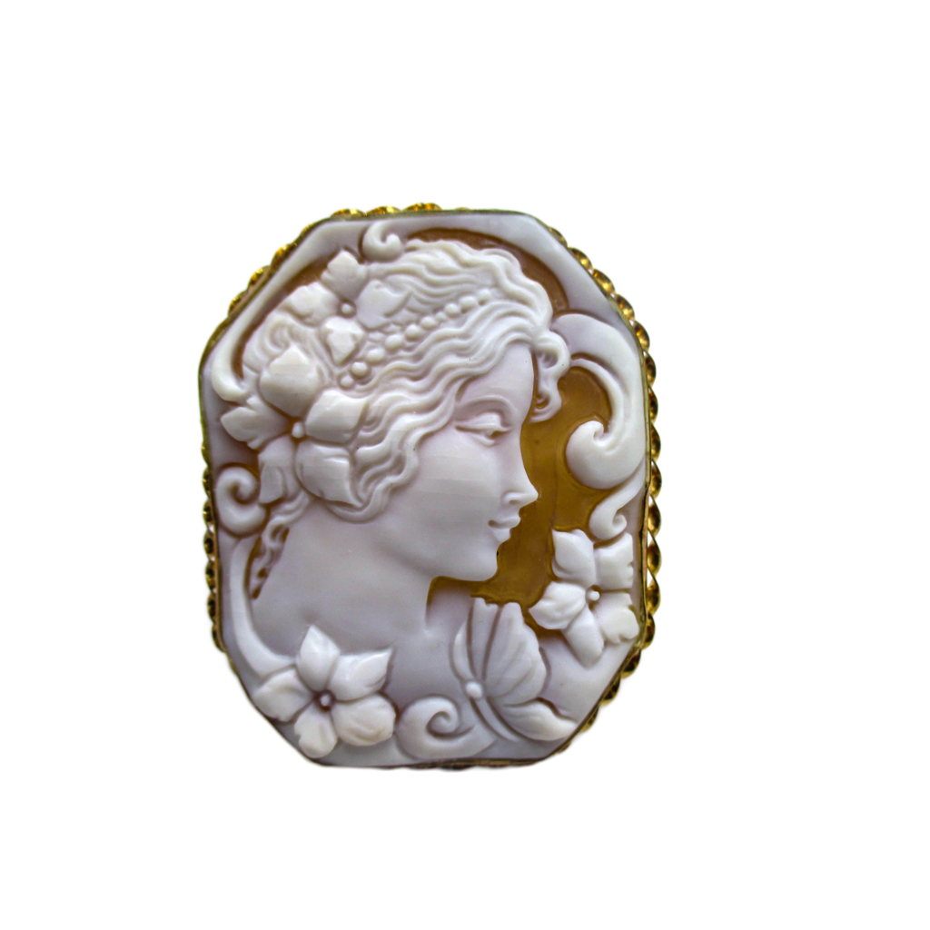 Large Cameo Brooch Pendant - Carved Shell of a Young Lady, Flowers, and Butterfly