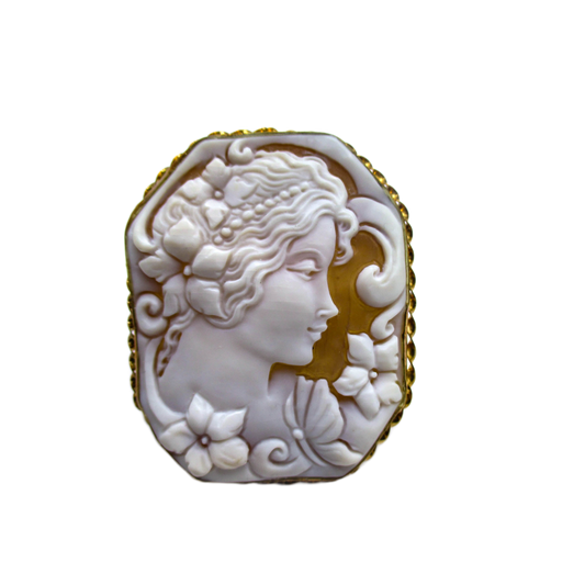 Large Cameo Brooch Pendant - Carved Shell of a Young Lady, Flowers, and Butterfly