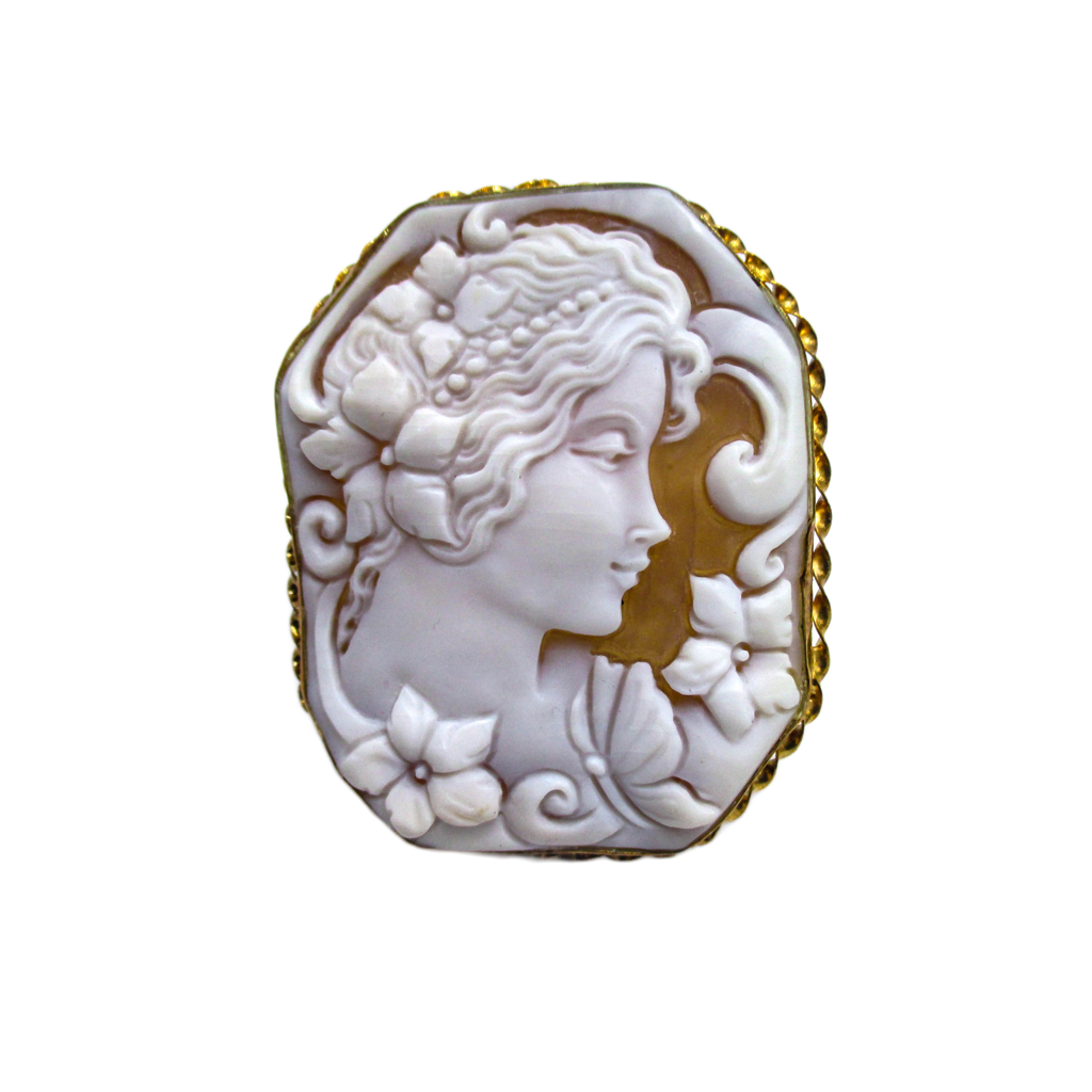 Large Cameo Brooch Pendant - Carved Shell of a Young Lady, Flowers, and Butterfly