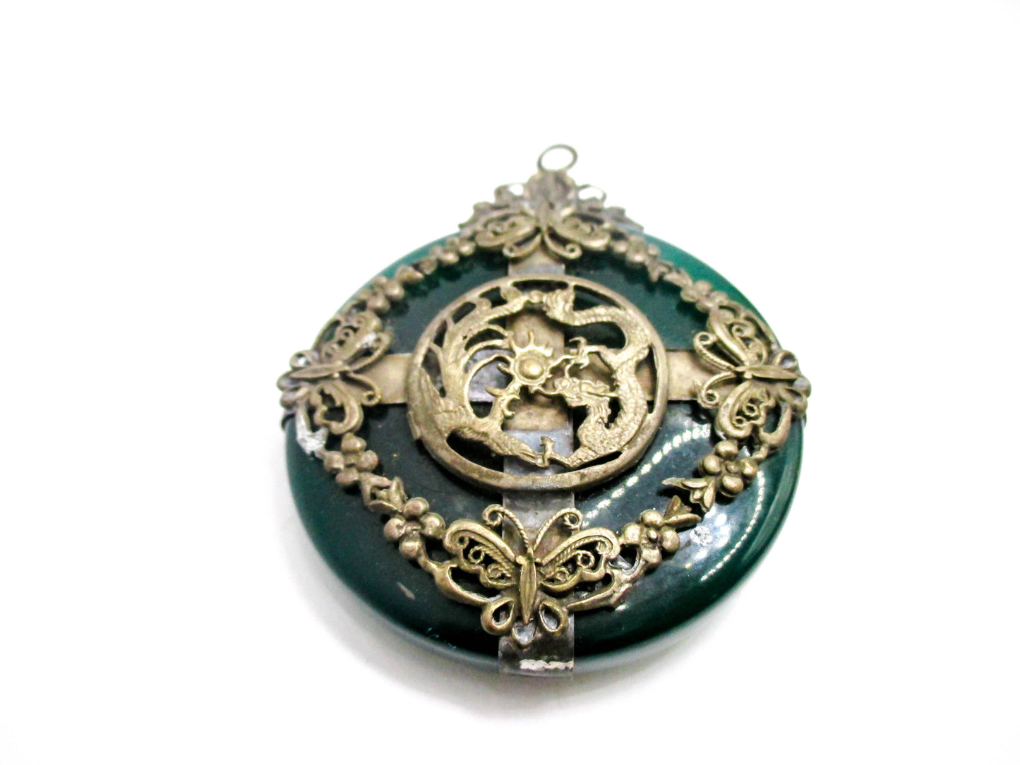 Green Nephrite Jade Dragon Butterfly Amulet