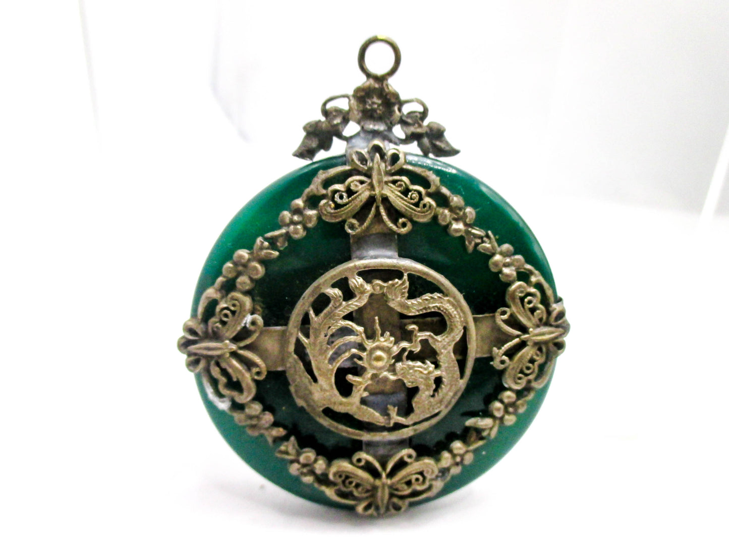 Green Nephrite Jade Silver Color Dragon Butterfly Amulet