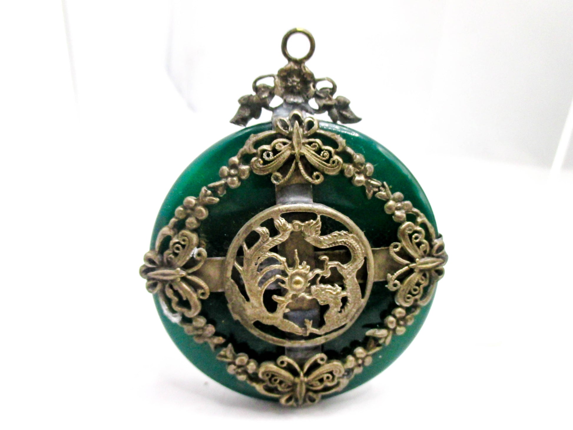 Green Nephrite Jade Silver Color Dragon Butterfly Amulet