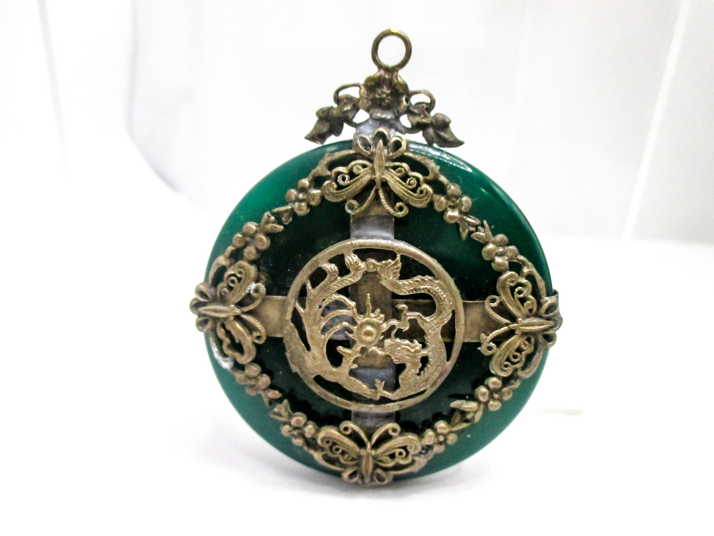 Green Nephrite Jade Dragon Butterfly Amulet