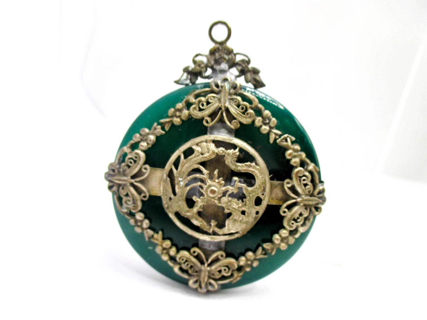 Green Nephrite Jade Dragon Butterfly Amulet