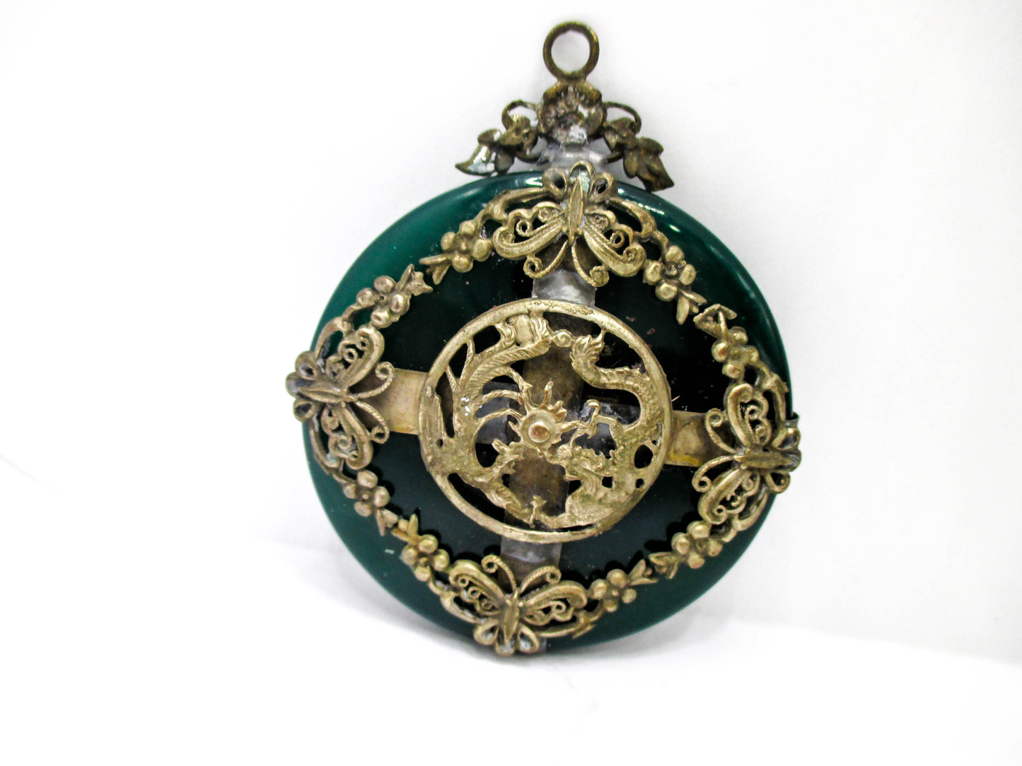 Green Nephrite Jade Dragon Butterfly Amulet