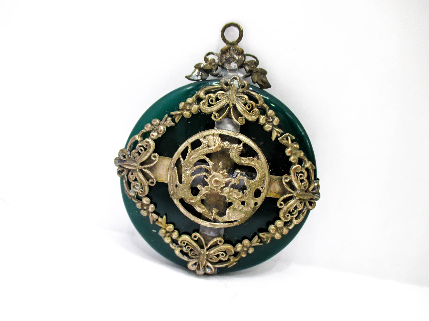 Green Nephrite Jade Dragon Butterfly Amulet