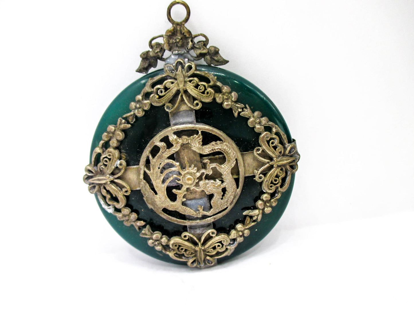 Green Nephrite Jade Dragon Butterfly Amulet