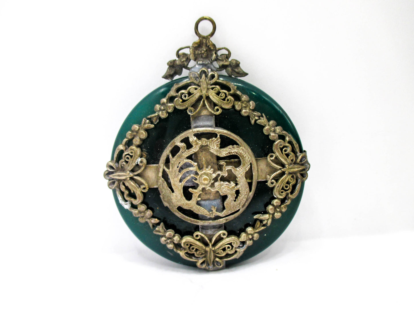 Green Nephrite Jade Dragon Butterfly Amulet