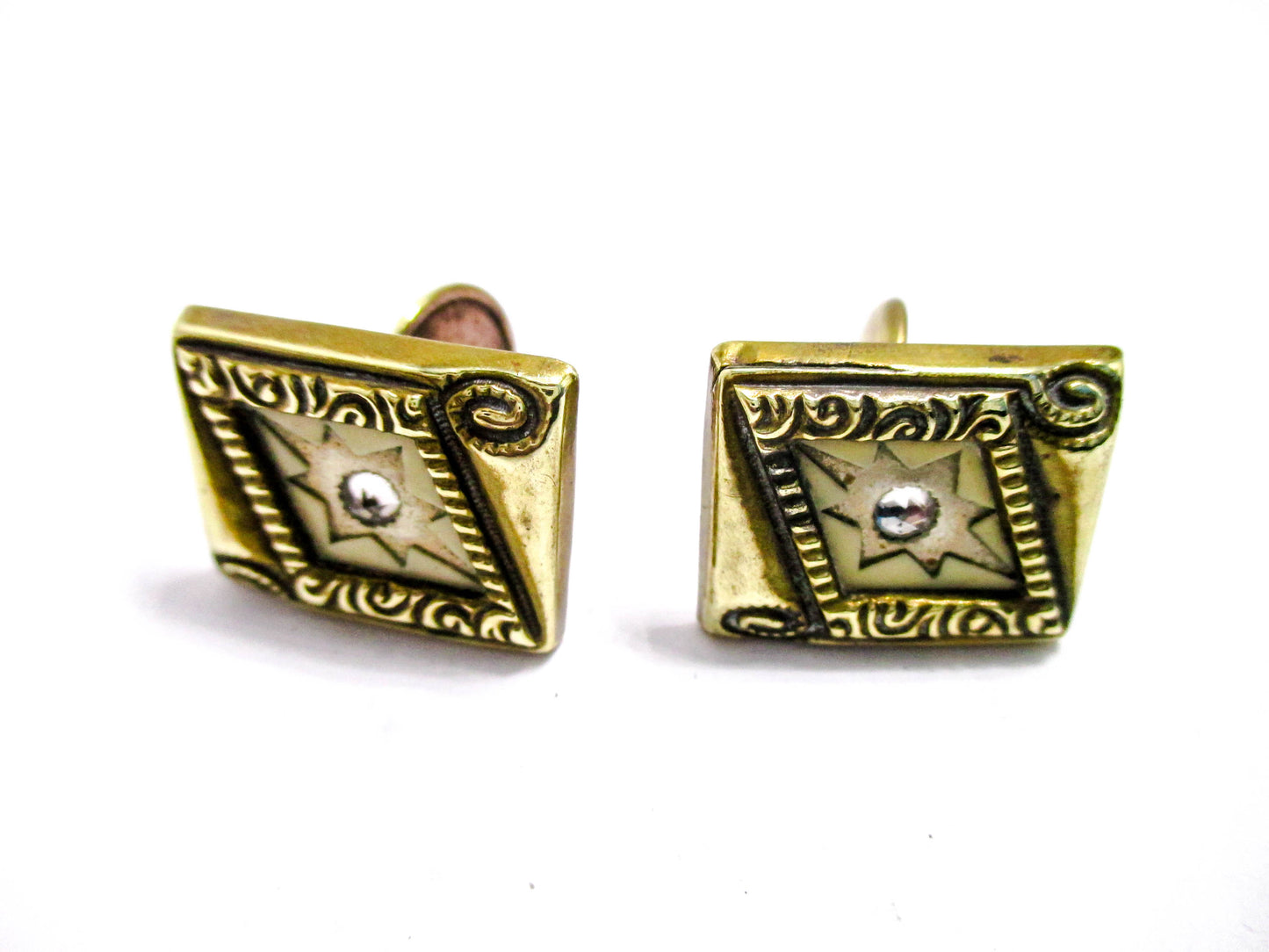 Victorian Cuff Buttons - Yellow Gold Tone, Rhombus Design