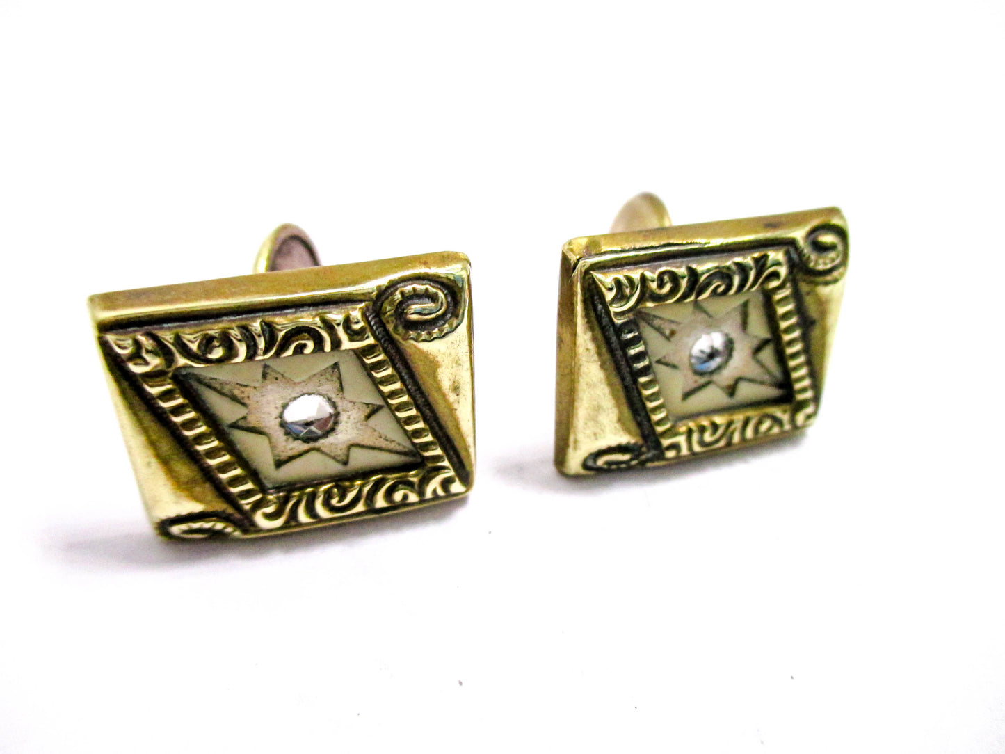 Victorian Cuff Buttons - Yellow Gold Tone, Rhombus Design