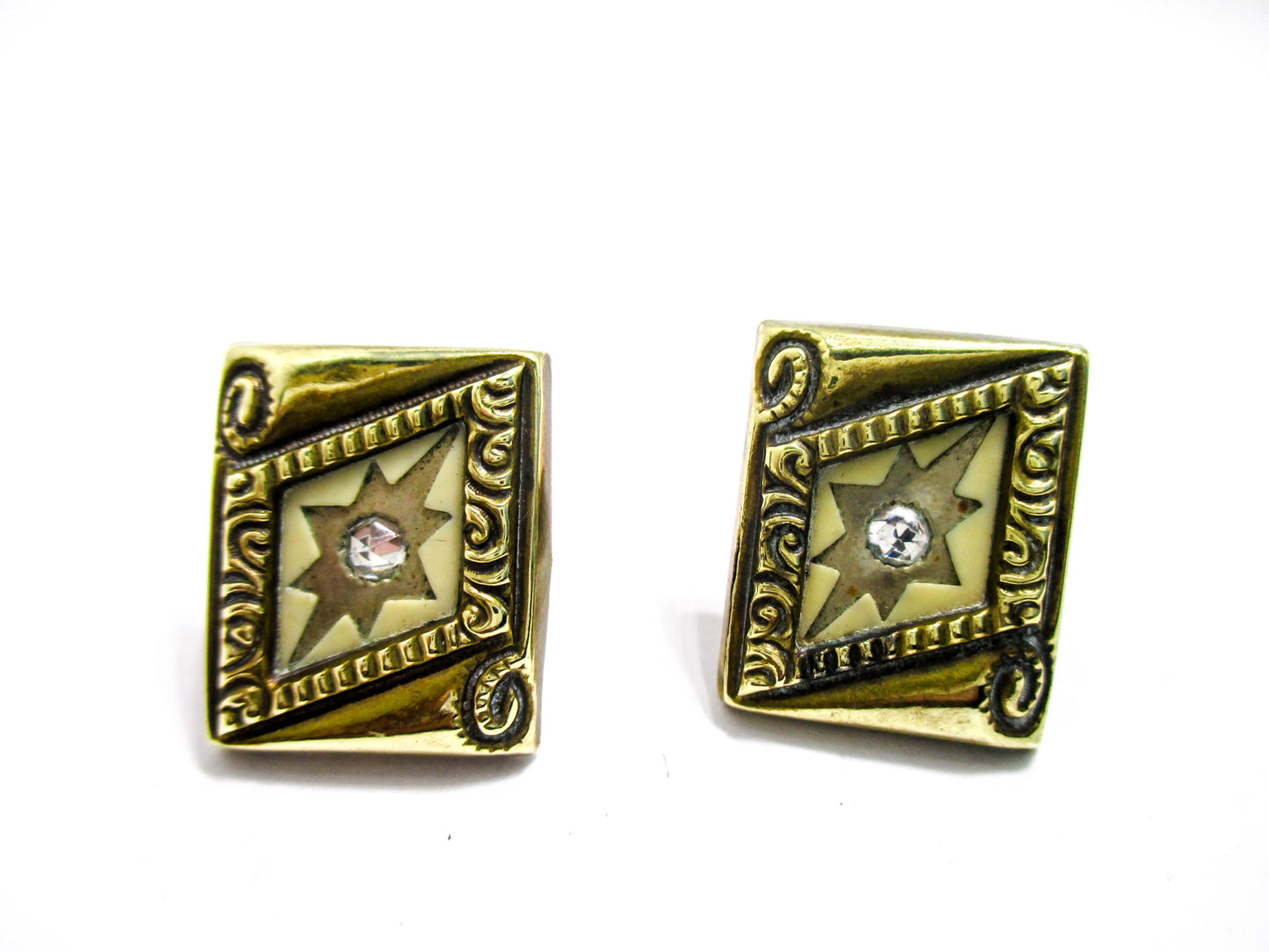 Victorian Cuff Buttons - Yellow Gold Tone, Rhombus Design