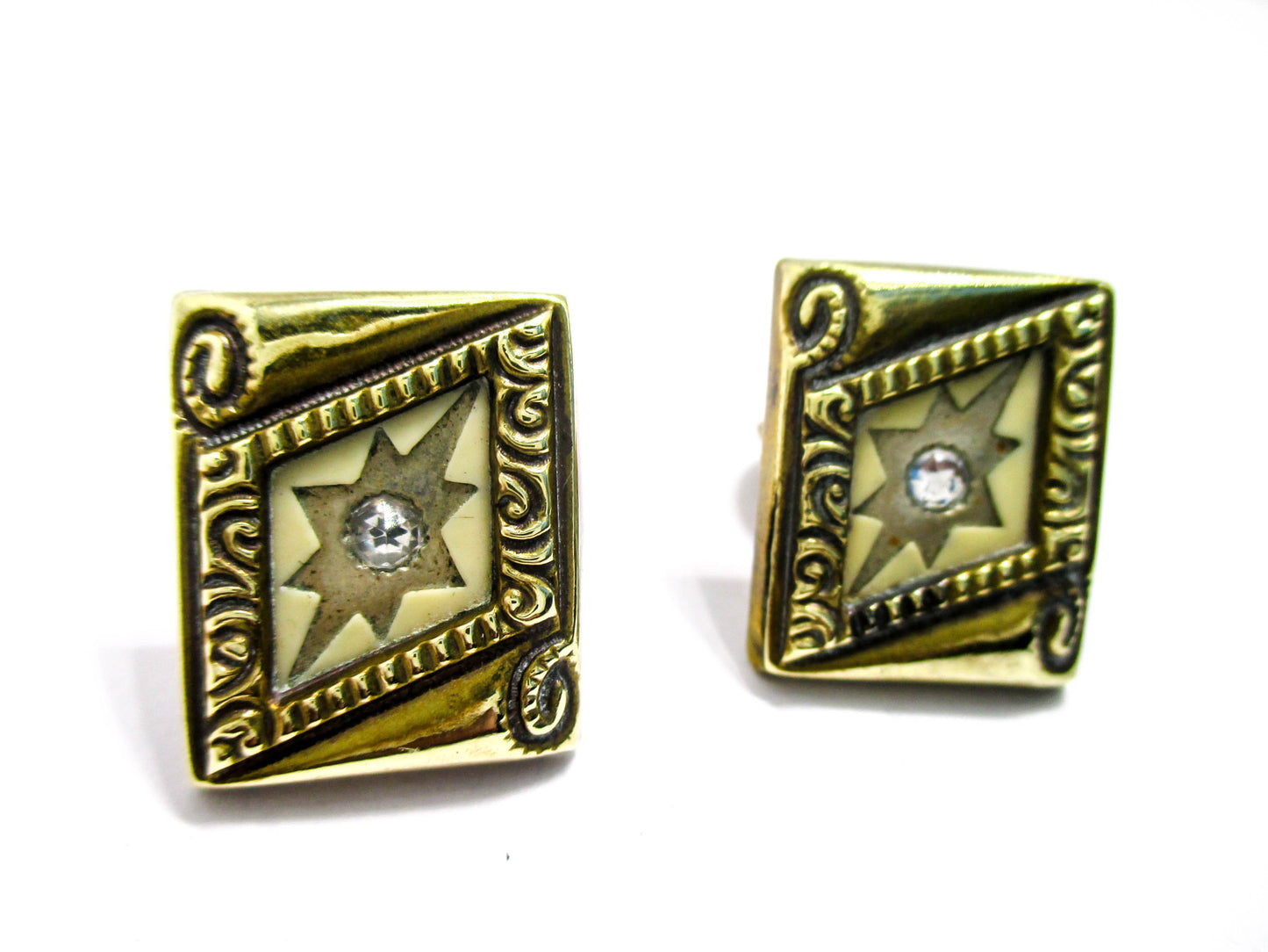 Victorian Cuff Buttons - Yellow Gold Tone, Rhombus Design