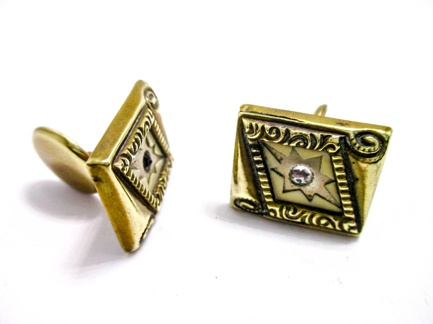 Victorian Cuff Buttons - Yellow Gold Tone, Rhombus Design
